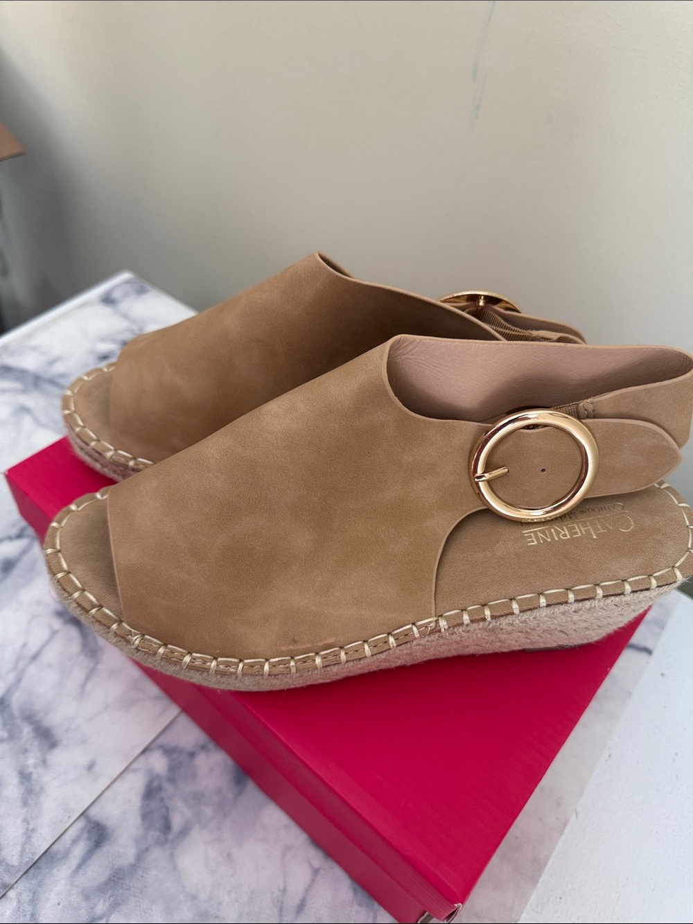 Catherine Malandrino Beige Tan Espadrille Wedge with Gold Ring Buckle